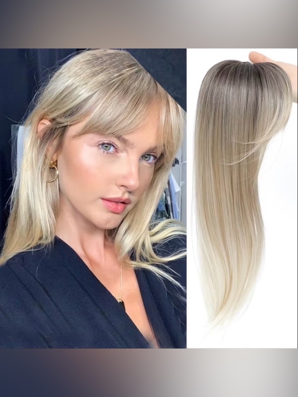 Ombré Light Blonde Hair with Darker Roots 18” Clip-In Bangs and Extension